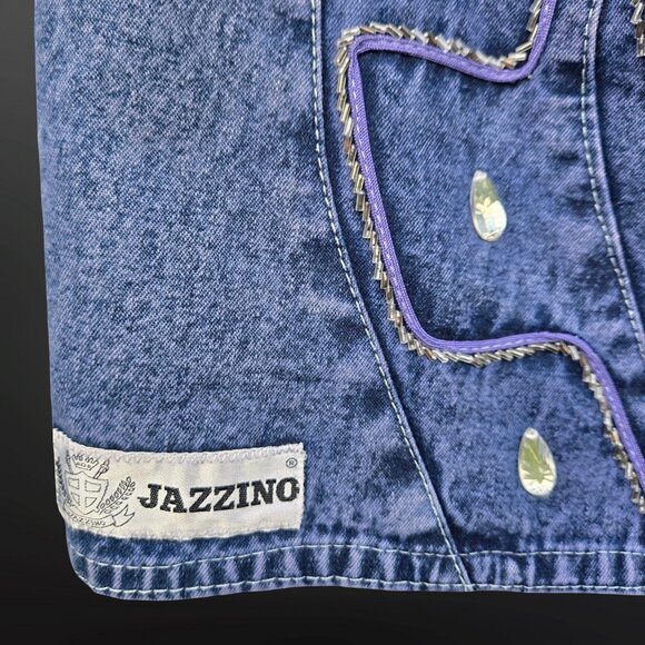 Vintage 80s Short Denim Belted skirt Size M Rhinestone Beaded Above Knee - Picture 4 of 8